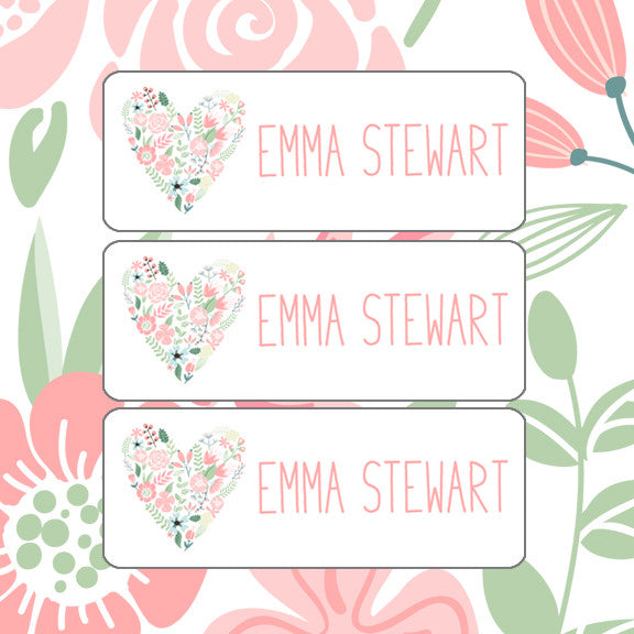 School Name Tags - Girl Name Labels, Hearts, Glitter, Black, Pink